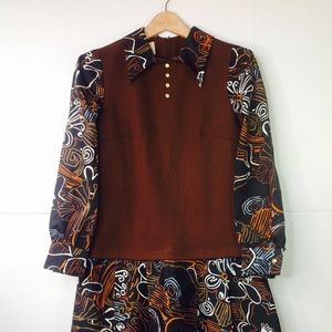 Vintage Brown Abstract Pleated Dress Laiglon Knit